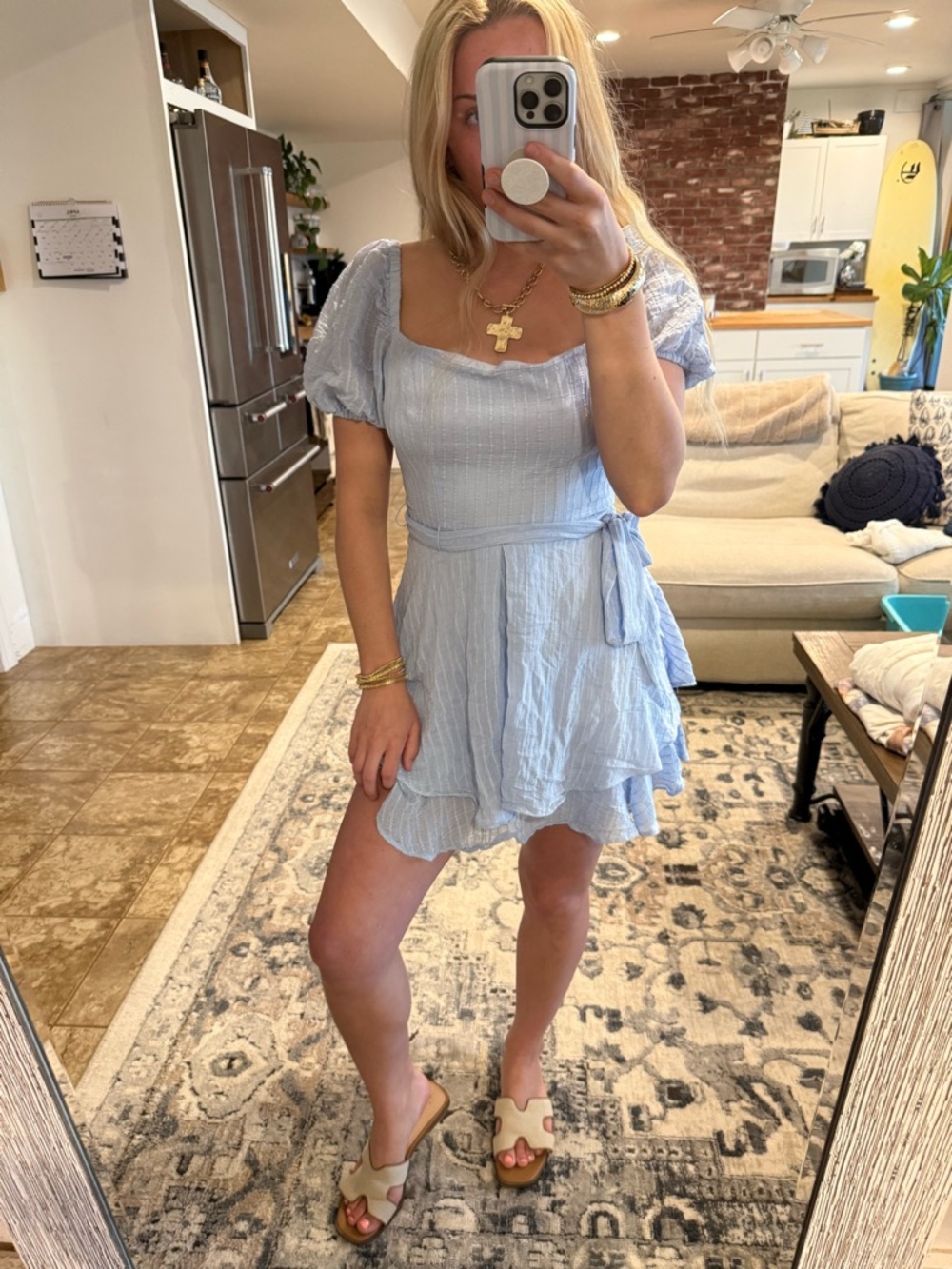 B Darlin Light Blue Puff-Sleeve Tie-Waist Mini Dress